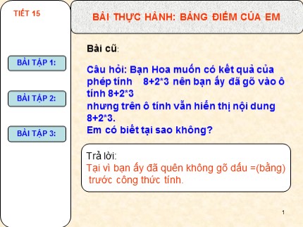 Giáo án Tin học 7 - Tiết 15: Bài thực hành - Bảng điểm của em