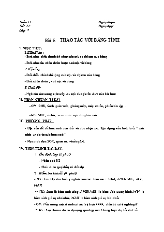 Giáo án Tin học 7 - Tiết 22: Thao tác với bảng tính