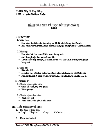 Giáo án Tin học Lớp 7 - Bài 8: Sắp xếp và lọc dữ liệu (Tiết 2) - Đỗ Duy Dũng