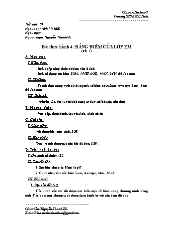 Giáo án Tin học Lớp 7 - Tiết 19: Bài thực hành 4 - Bảng điểm của lớp em (Tiết 1) - Nguyễn Thanh Hà