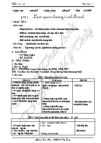 Giáo án Tin học Lớp 7 - Tiết 3+4: Làm quen chương trình Excel - Hoàng Thái Anh