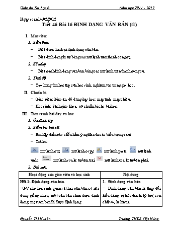 Giáo án Tin học Lớp 7 - Tiết 46: Định dạng văn bản (Tiết 1) - Nguyễn Thị Huyên