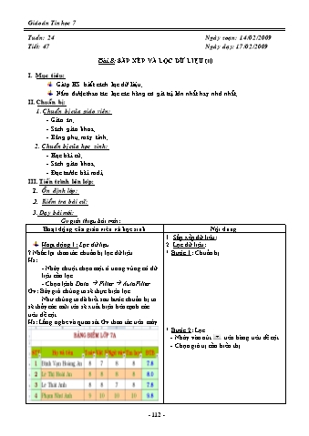 Giáo án Tin học Lớp 7 - Tiết 47: Sắp xếp và lọc dữ liệu (Tiếp theo)