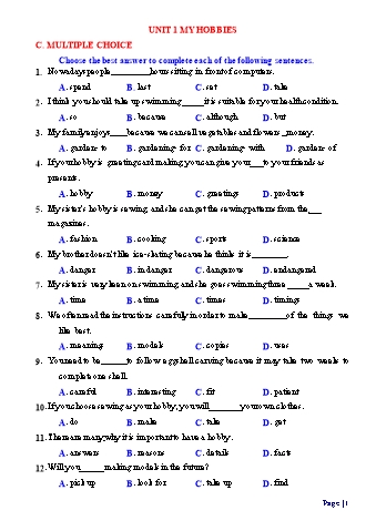 Đề cương ôn tập Tiếng Anh Lớp 7 - Học kỳ 1 - Multiple choice (Có đáp án)