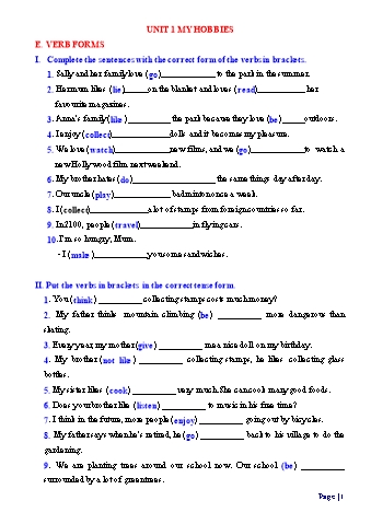 Đề cương ôn tập Tiếng Anh Lớp 7 - Học kỳ 1 - Verb form (Có đáp án)