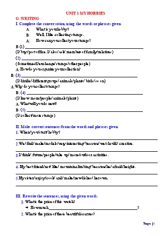 Đề cương ôn tập Tiếng Anh Lớp 7 - Học kỳ 1 - Writing (Có đáp án)