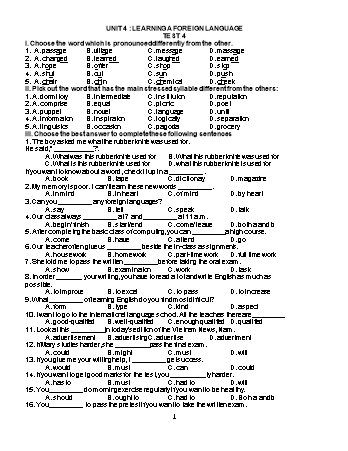 Đề ôn tập môn Tiếng Anh Lớp 9 - Unit 4: Learning a foreign language