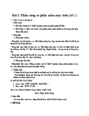 Kế hoạch bài dạy môn Tin học Lớp 4 (Kết nối tri thức với cuộc sống) - Bài 1: Phần cứng và phần mềm máy tính (Tiết 1)
