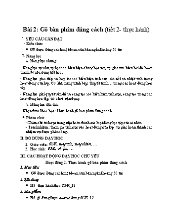 Kế hoạch bài dạy môn Tin học Lớp 4 (Kết nối tri thức với cuộc sống) - Bài 2: Gõ bàn phím đúng cách (Tiết 2 - Thực hành)