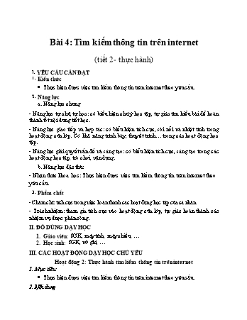 Kế hoạch bài dạy môn Tin học Lớp 4 (Kết nối tri thức với cuộc sống) - Bài 4: Tìm kiếm thông tin trên Internet (Tiết 2 - Thực hành)