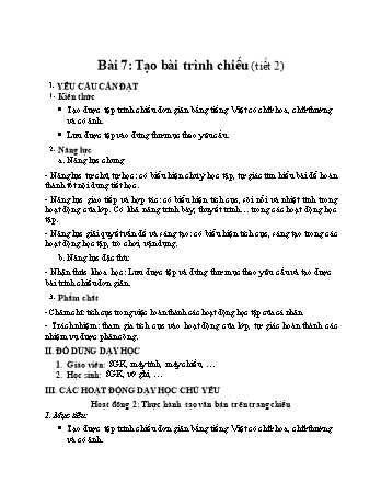 Kế hoạch bài dạy môn Tin học Lớp 4 (Kết nối tri thức với cuộc sống) - Bài 7: Tạo bài trình chiếu (Tiết 2)