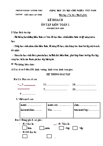 Kế hoạch ôn tập môn Toán 1 - Năm học 2019 - 2020 - Trường Tiểu học An Vinh