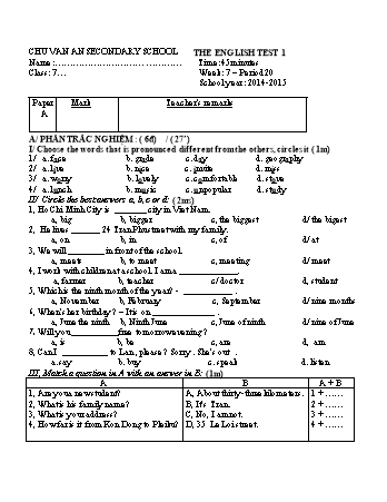 2 Đề kiểm tra 1 tiết môn Tiếng Anh 7 năm học 2014-2015 - Trường THCS Chu Văn An (Có đáp án + Ma trận)