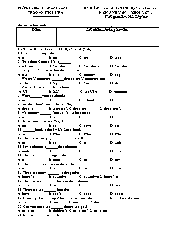2 Đề kiểm tra 15 phút môn Tiếng Anh 6 lần 1 năm học 2021-2022 - Trường THCS HRa