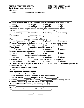 2 Đề kiểm tra 15 phút môn Tiếng Anh 9 - Trường TH & THCS Đăk Yă