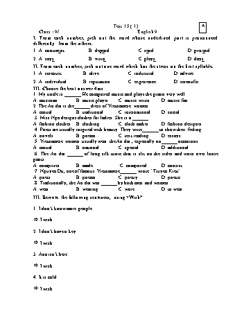 2 Đề kiểm tra 15 phút môn Tiếng Anh Lớp 9 (Có đáp án)