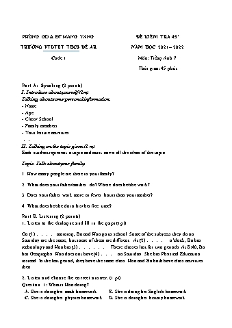 2 Đề kiểm tra 45 phút năm học 2021-2022 môn Tiếng Anh 7 - Trường PTDTBT THCS Đê Ar (Có đáp án)