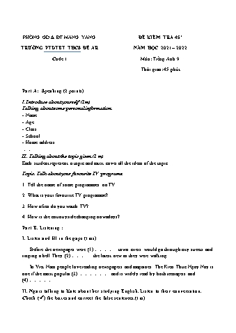 2 Đề kiểm tra 45 phút năm học 2021-2022 môn Tiếng Anh 9 - Trường PTDTBT THCS Đê Ar (Có đáp án)