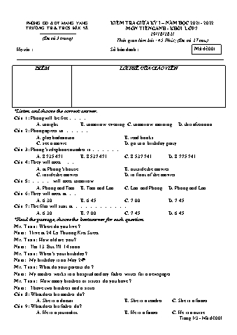 2 Đề kiểm tra giữa học kì I năm học 2021-2022 môn Tiếng Anh Lớp 7 - Trường TH & THCS Đăk Yă (Có đáp án)
