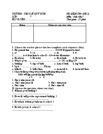 3 Đề kiểm tra 15 phút + 1 đề kiểm tra giữa học kì I môn Tiếng Anh 7 - Trường THCS Lê Quý Đôn (Có đáp án + Ma trận)