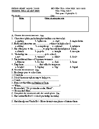 3 Đề kiểm tra 15 phút + 2 đề kiểm tra giữa học kì I môn Tiếng Anh 9 - Trường THCS Lê Quý Đôn (Có đáp án + Ma trận)