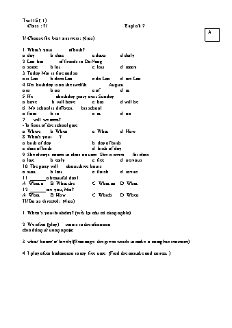 3 Đề kiểm tra 15 phút môn Tiếng Anh Lớp 7 học kì I (Có đáp án)