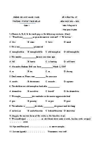 3 Đề kiểm tra 15 phút năm học 2021-2022 môn Tiếng Anh 8 - Trường PTDTBT THCS Đê Ar (Có đáp án)