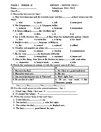Bộ đề kiểm tra 15 phút môn Tiếng Anh Lớp 9 (Có đáp án)