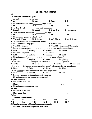 Bộ đề kiểm tra môn Tiếng Anh 15 phút và 45 phút Lớp 7 (Có đáp án)