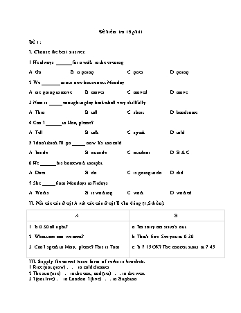 Bộ đề kiểm tra môn Tiếng Anh 15 phút và 45 phút Lớp 8 (Có đáp án)
