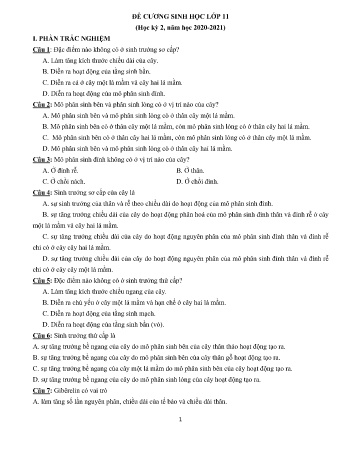 Đề cương ôn tập học kì II môn Sinh học Lớp 11 năm học 2020-2021