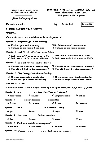 Đề kiểm tra 1 tiết môn Tiếng Anh 7 lần 1 năm học 2018-2019 - Trường THCS Chu Văn An (Có đáp án + Ma trận)
