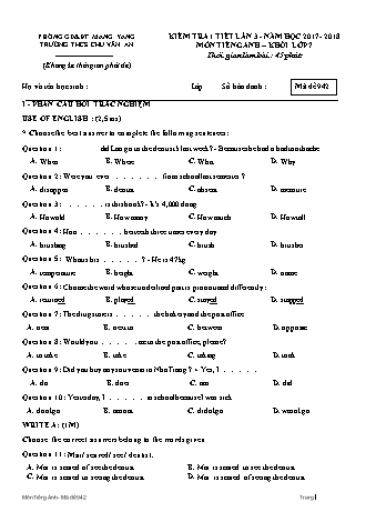Đề kiểm tra 1 tiết môn Tiếng Anh 7 lần 3 năm học 2017-2018 - Trường THCS Chu Văn An (Có đáp án + Ma trận)