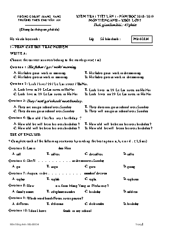 Đề kiểm tra 1 tiết môn Tiếng Anh Lớp 7 lần 1 năm học 2018-2019 - Trường THCS Chu Văn An (Có đáp án + Ma trận)