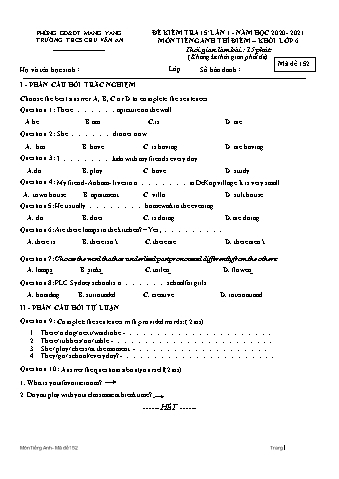 Đề kiểm tra 15 phút môn Tiếng Anh 6 lần 1 năm học 2020-2021 - Trường THCS Chu Văn An (Có đáp án)