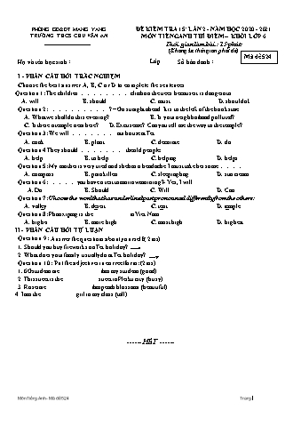 Đề kiểm tra 15 phút môn Tiếng Anh 6 lần 2 năm học 2020-2021 - Trường THCS Chu Văn An (Có đáp án)