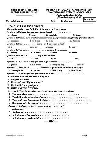 Đề kiểm tra 15 phút môn Tiếng Anh 6 lần 2 năm học 2021-2022 - Trường THCS Chu Văn An