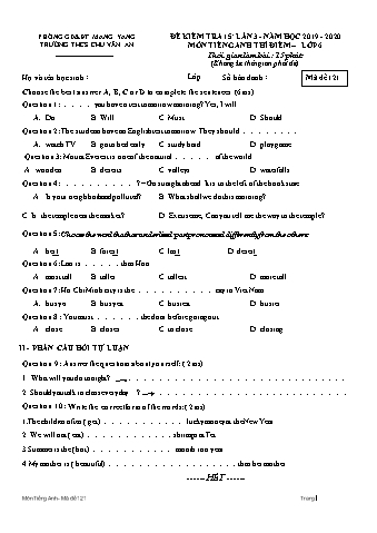 Đề kiểm tra 15 phút môn Tiếng Anh 6 lần 3 năm học 2019-2020 - Trường THCS Chu Văn An (Có đáp án)
