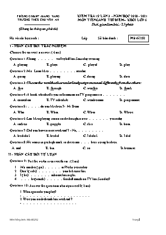 Đề kiểm tra 15 phút môn Tiếng Anh 6 lần 3 năm học 2020-2021 - Trường THCS Chu Văn An
