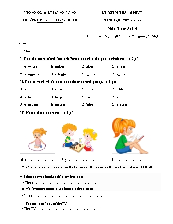 Đề kiểm tra 15 phút môn Tiếng Anh 6 năm học 2021-2022 - Trường PTDTBT THCS Đê Ar (Có đáp án)