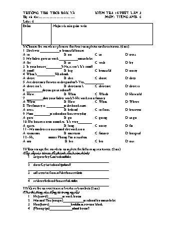Đề kiểm tra 15 phút môn Tiếng Anh 6 - Trường TH & THCS Đăk Yă