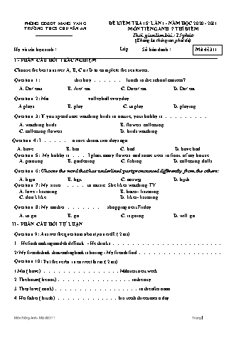 Đề kiểm tra 15 phút môn Tiếng Anh 7 (Hệ 10 năm) lần 1 năm học 2020-2021 - Trường THCS Chu Văn An