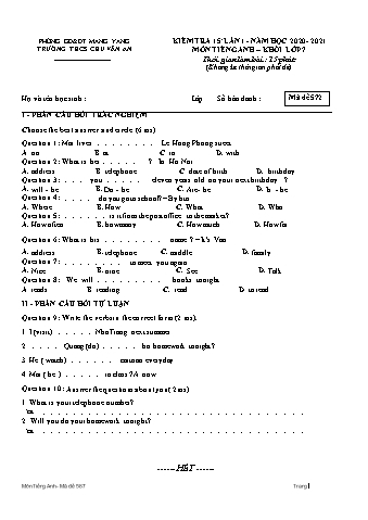 Đề kiểm tra 15 phút môn Tiếng Anh 7 (Hệ 10 năm) lần 1 năm học 2020-2021 - Trường THCS Chu Văn An (Có đáp án)