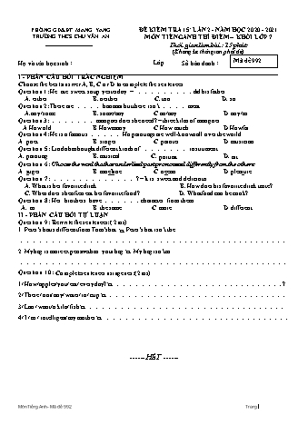 Đề kiểm tra 15 phút môn Tiếng Anh 7 (Hệ 10 năm) lần 2 năm học 2020-2021 - Trường THCS Chu Văn An (Có đáp án)