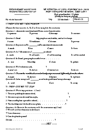 Đề kiểm tra 15 phút môn Tiếng Anh 7 (Hệ 10 năm) lần 5 năm học 2019-2020 - Trường THCS Chu Văn An