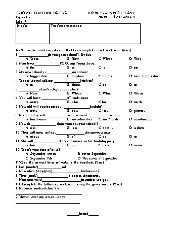 Đề kiểm tra 15 phút môn Tiếng Anh 7 (Lần 1) - Trường TH & THCS Đăk Yă