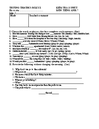 Đề kiểm tra 15 phút môn Tiếng Anh 7 (Lần 2) - Trường TH & THCS Đăk Yă