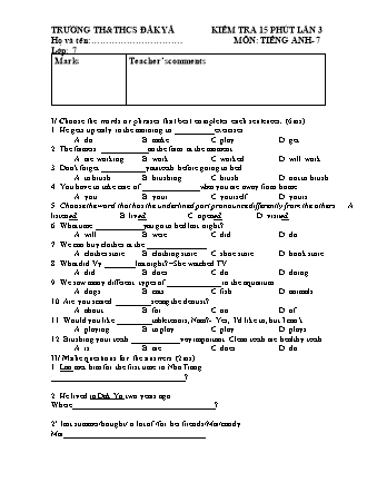 Đề kiểm tra 15 phút môn Tiếng Anh 7 (Lần 3) - Trường TH & THCS Đăk Yă