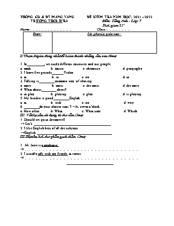 Đề kiểm tra 15 phút môn Tiếng Anh 7 năm học 2021-2022 - Trường THCS Hra