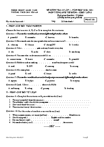 Đề kiểm tra 15 phút môn Tiếng Anh 8 (Hệ 10 năm) lần 1 năm học 2020-2021 - Trường THCS Chu Văn An (Có đáp án)